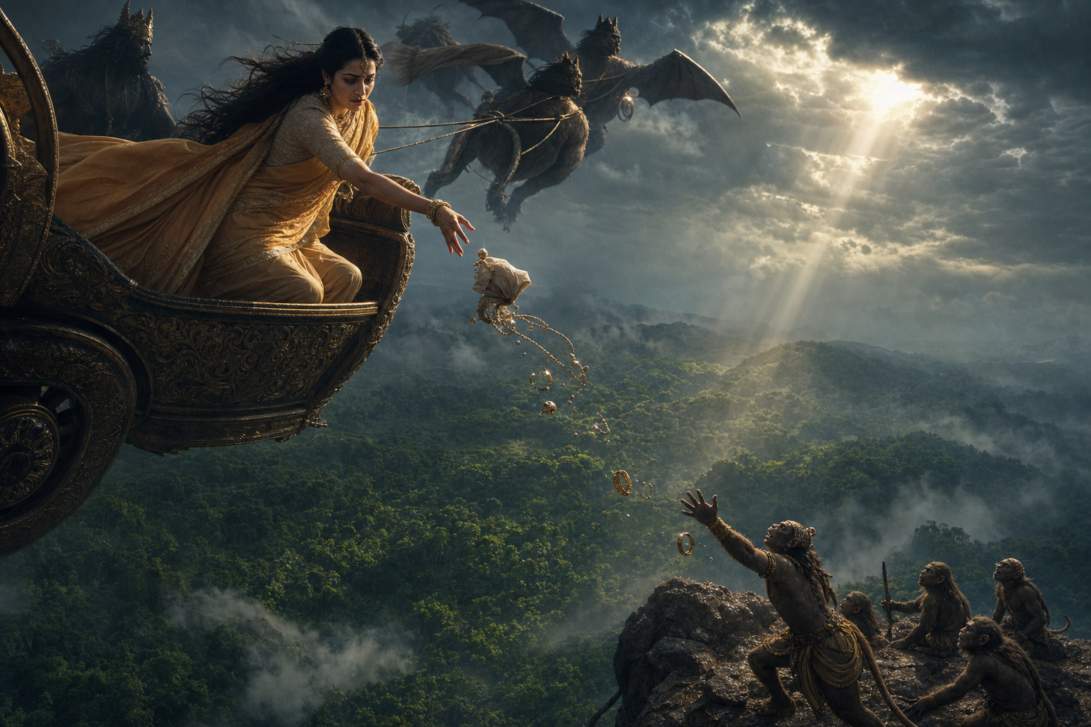 Sita drops a small bundle of ornaments from an aerial chariot toward vanaras on a forest ridge below.