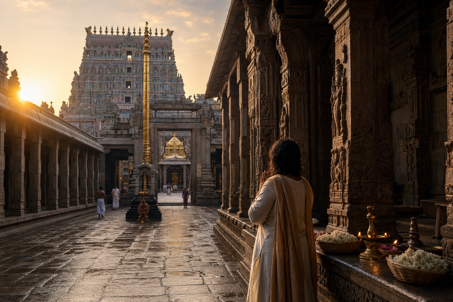 A visitor pauses in a granite colonnade at Srirangam as aligned gateways and courtyards lead toward the central golden vimana.