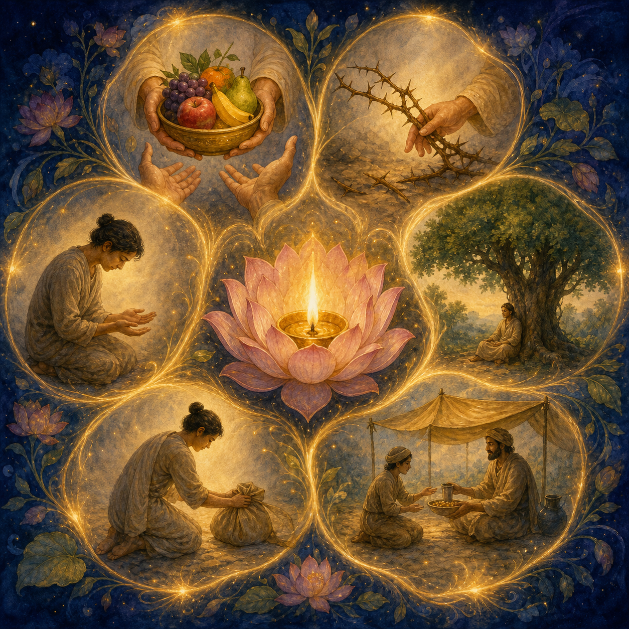 Six symbolic scenes surround a central lotus lamp, including welcome, rejection, shelter, provision, self-offering, and humility.