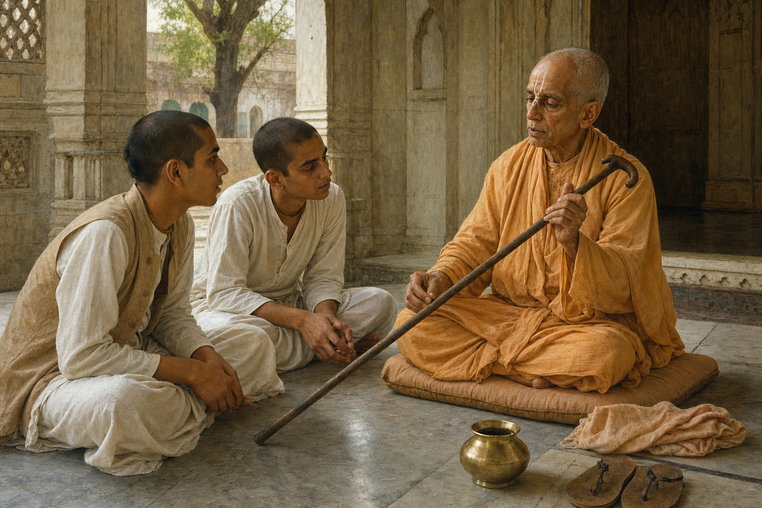 An elderly Vaishnava teacher demonstrates the careful handling of a walking cane to two disciples on a shaded temple veranda.