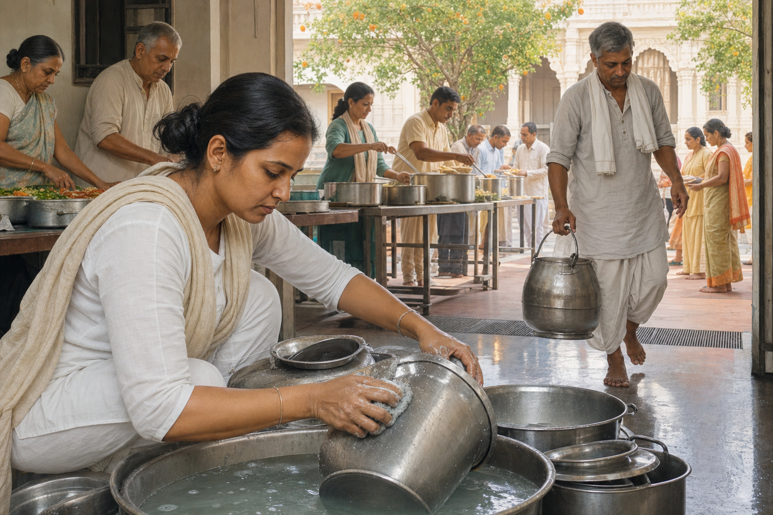 Volunteers wash pots, carry water, and prepare a shared meal together in a sunlit community kitchen.