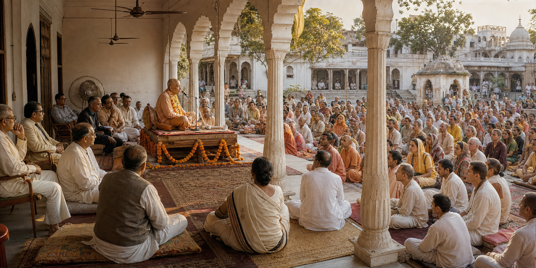 A Vaishnava teacher meets civic officials beneath a temple colonnade while a large public audience gathers in the adjoining courtyard.