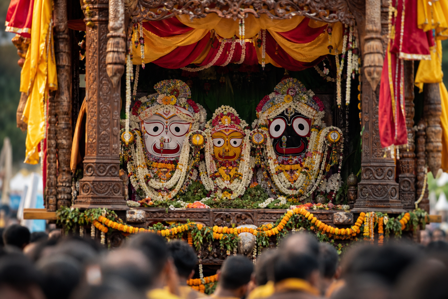 The sacred forms of Jagannath, Baladeva and Subhadra sit inside a flower-decorated chariot shrine during the procession.