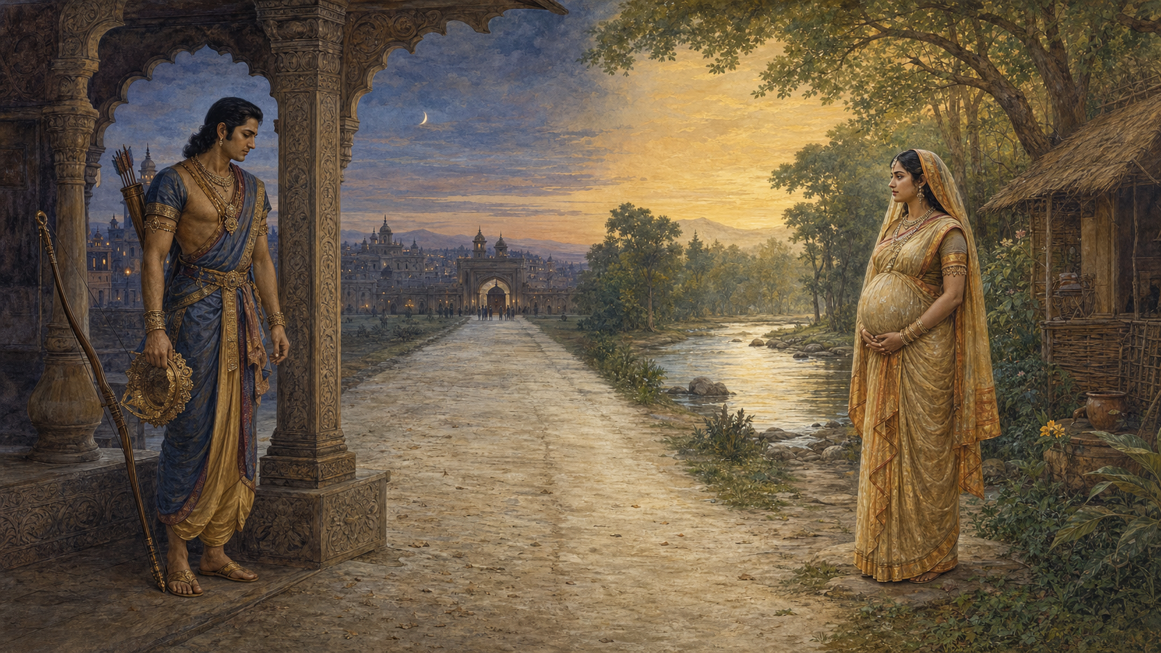 A painted split scene shows Rama standing alone in an Ayodhya palace and pregnant Sita at a forest hermitage, with a long road connecting the two settings.