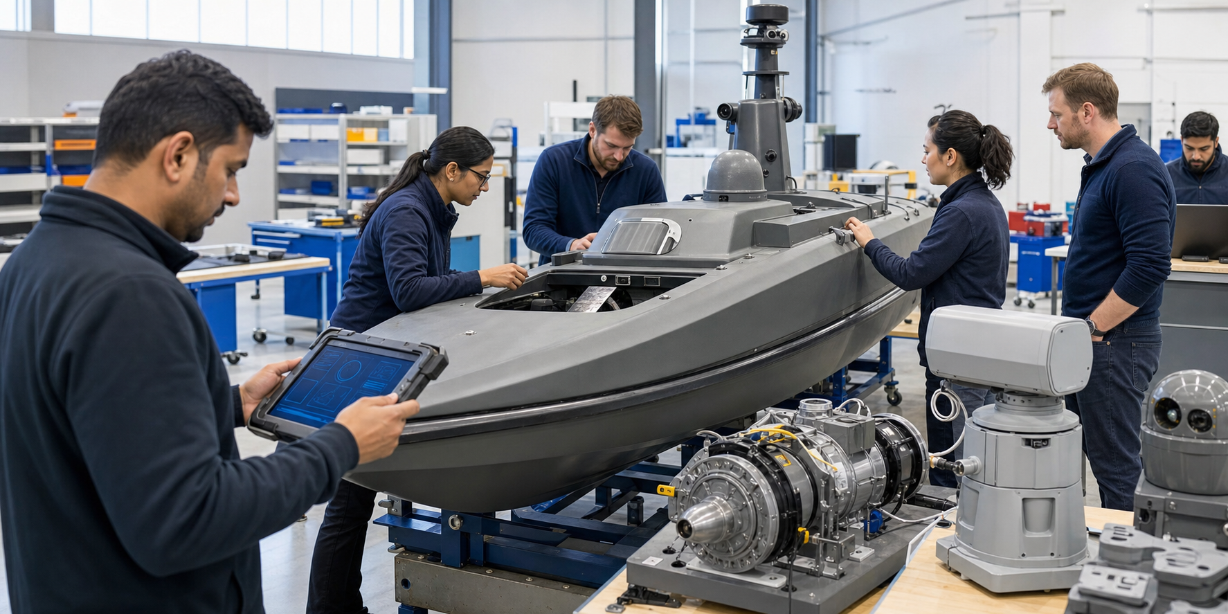 Indian and New Zealand engineers inspect an unmanned surface vessel, marine sensors and propulsion equipment in a naval workshop.
