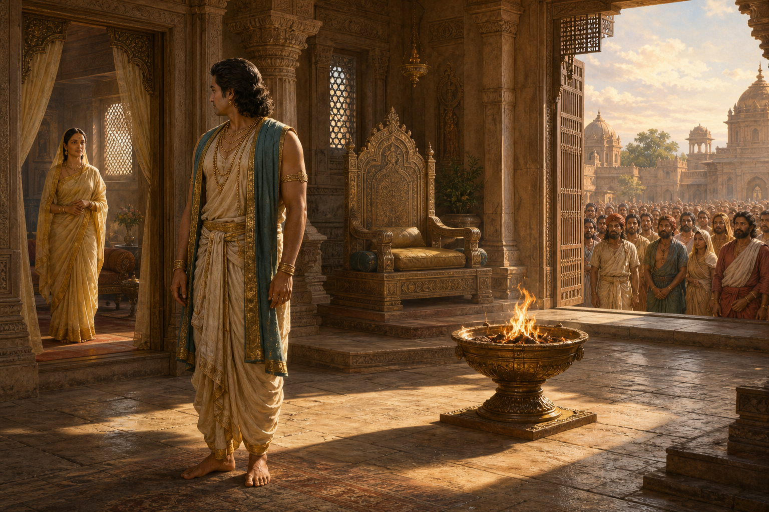 Rama stands in the center of a pillared hall between an empty throne, Sita in a side chamber, a burning brazier, and citizens gathered outside the palace gate.