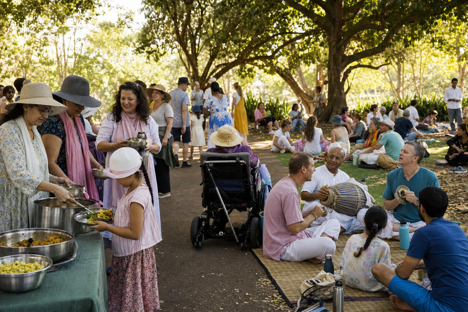 Volunteers serve vegetarian prasadam to families and other visitors at a shaded outdoor gathering with kirtan musicians nearby.