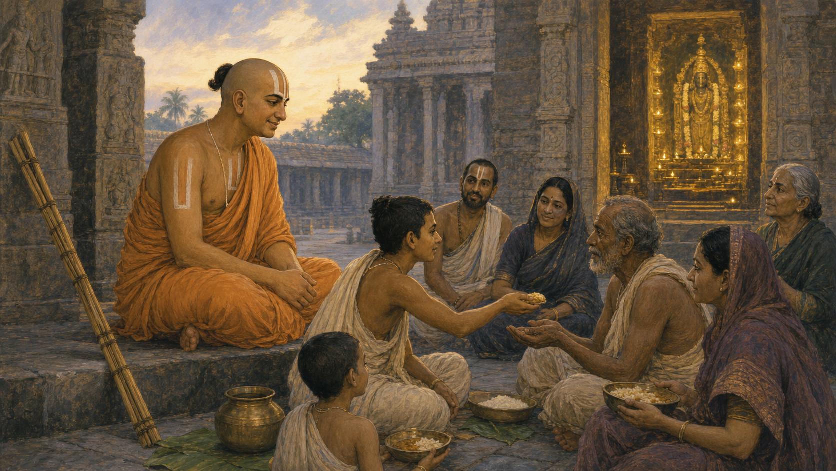 Editorial illustration of Ramanujacharya teaching devotees in a lamp-lit South Indian temple courtyard as one person shares food with another.