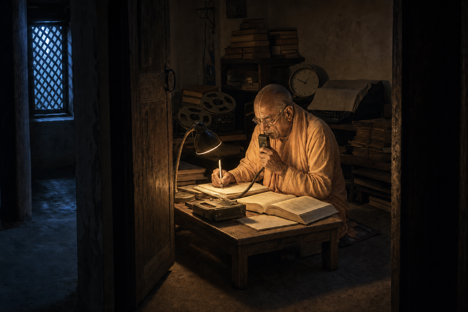 An elderly Vaishnava teacher works at a low desk under a lamp at night, surrounded by books, manuscript pages, recording equipment, and a covered typewriter.