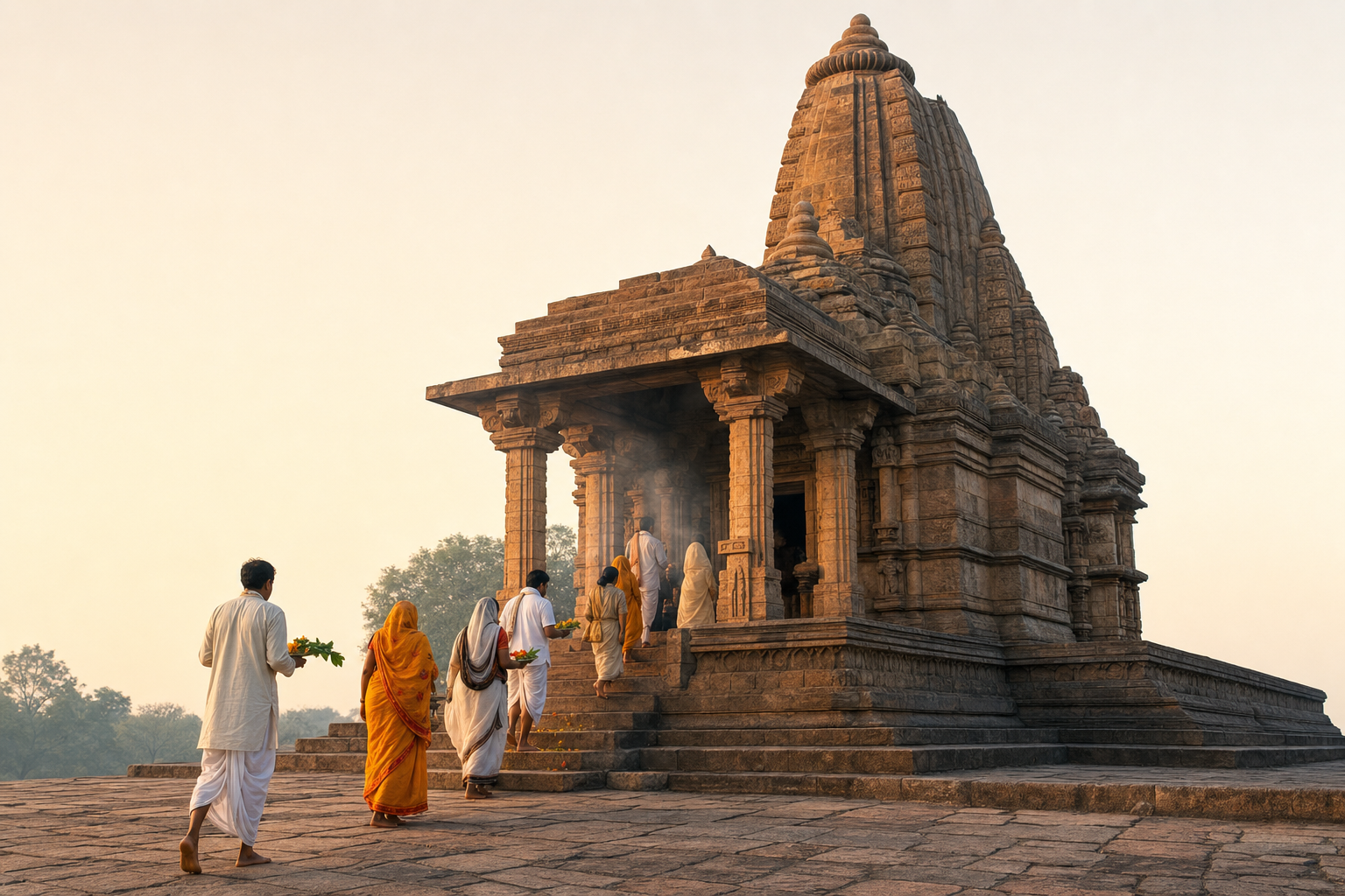 Worshippers carrying flowers and brass vessels approach the sandstone Matangeshwar Temple in the soft light of early morning.