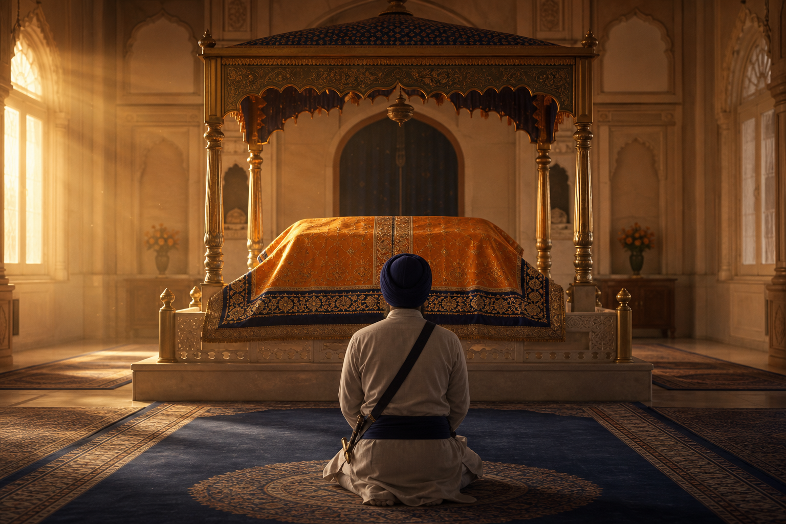 A turbaned Sikh kneels before the covered Guru Granth Sahib on an elevated palki in a softly lit prayer hall, with a sheathed kirpan at the Sikh's waist.