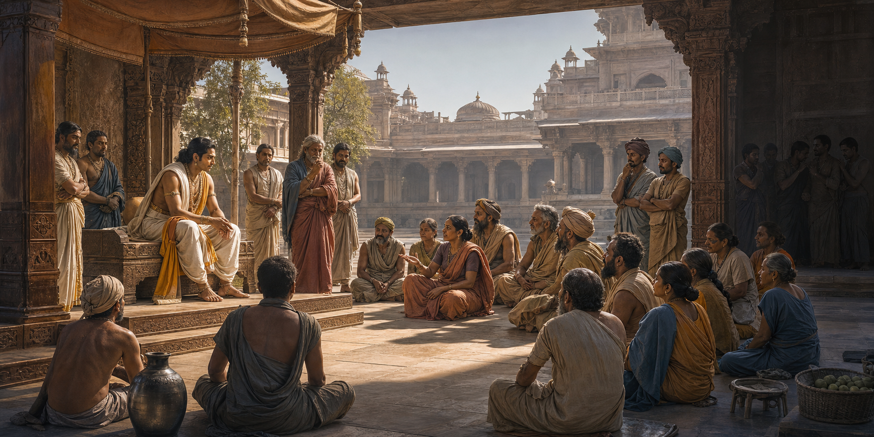 Rama listens to a diverse assembly in a sunlit palace courtyard while a small group whispers in the shadow at the edge of the gathering.