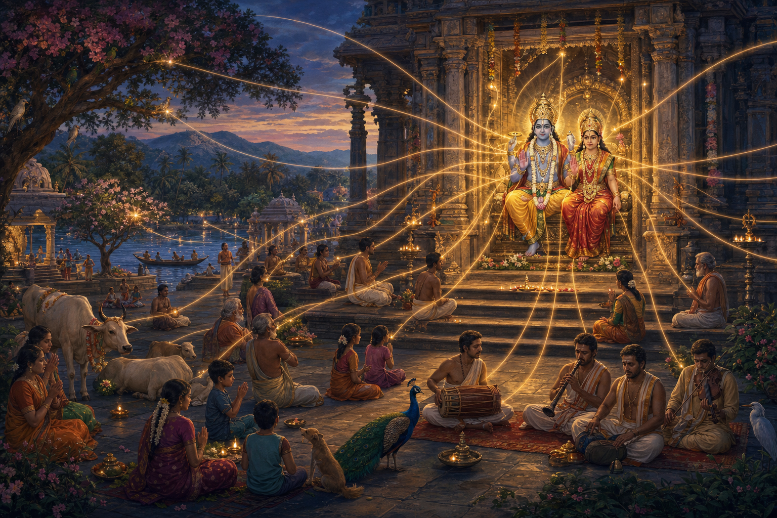 Sacred illustration of distinct people, animals, trees, a river, and hills linked by golden light to Narayana and Sri in a temple sanctuary.