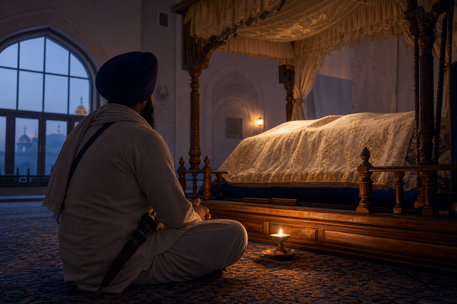 A Sikh wearing a turban sits attentively before the covered Guru Granth Sahib in a quiet prayer hall illuminated by dawn light and a small lamp.