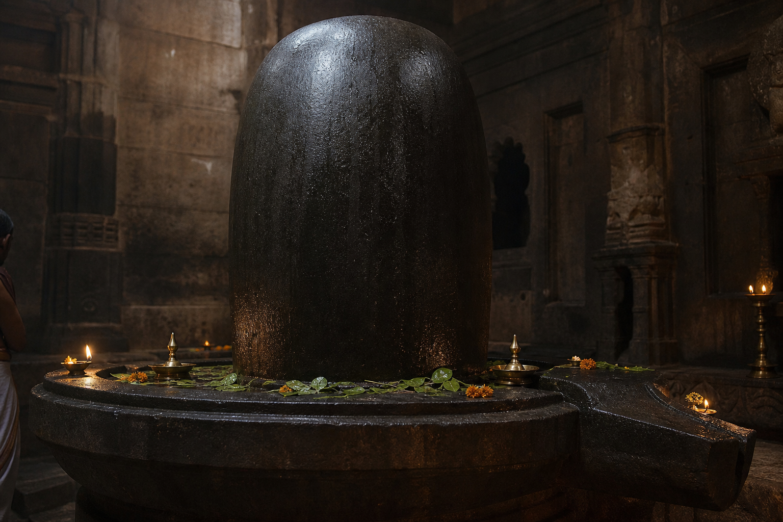 A monumental dark stone Shivling with leaves and flowers rises inside the dim sandstone sanctum of Matangeshwar Temple.