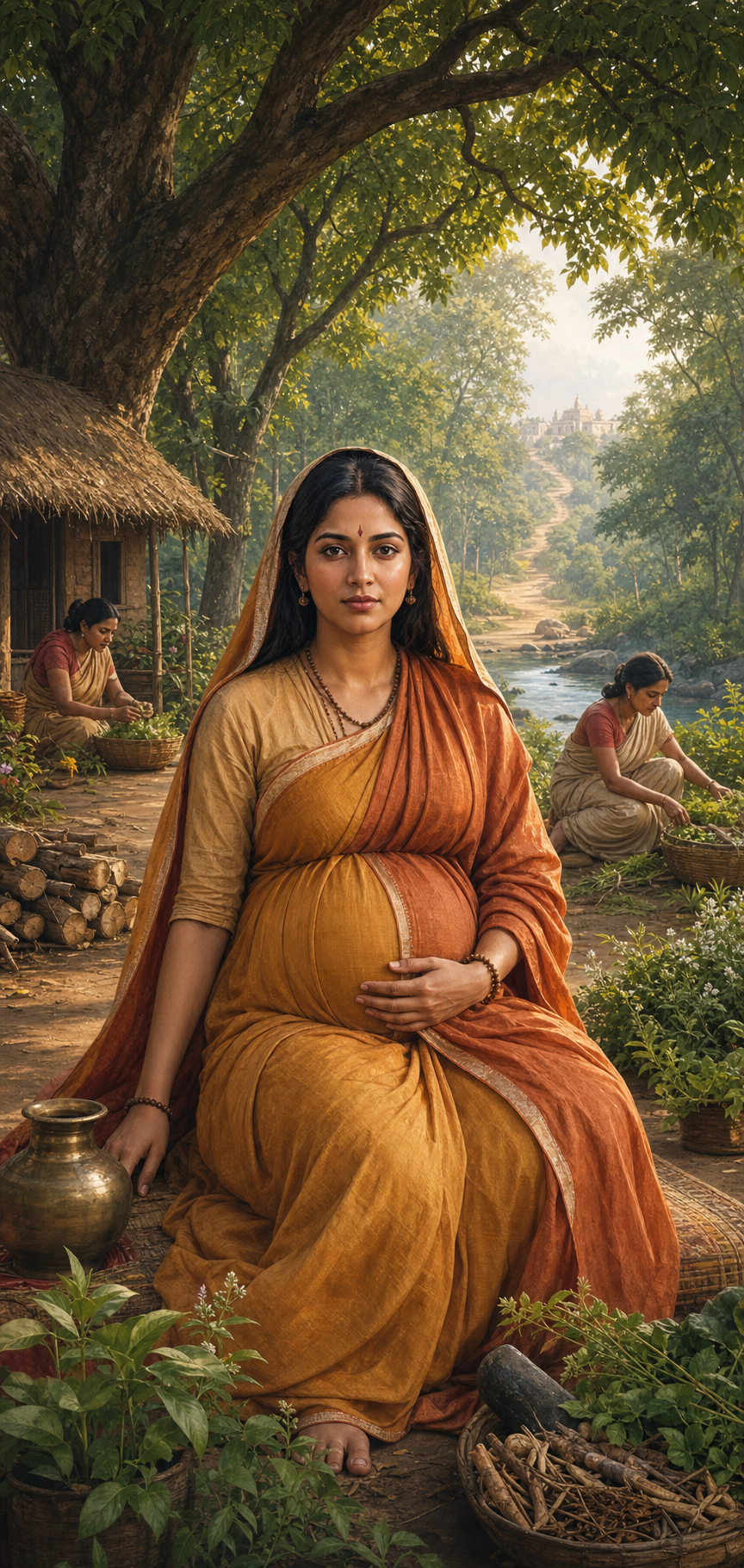 Pregnant Sita sits upright beneath a tree at a forest hermitage, surrounded by simple huts, plants, a water vessel, and two women working nearby.