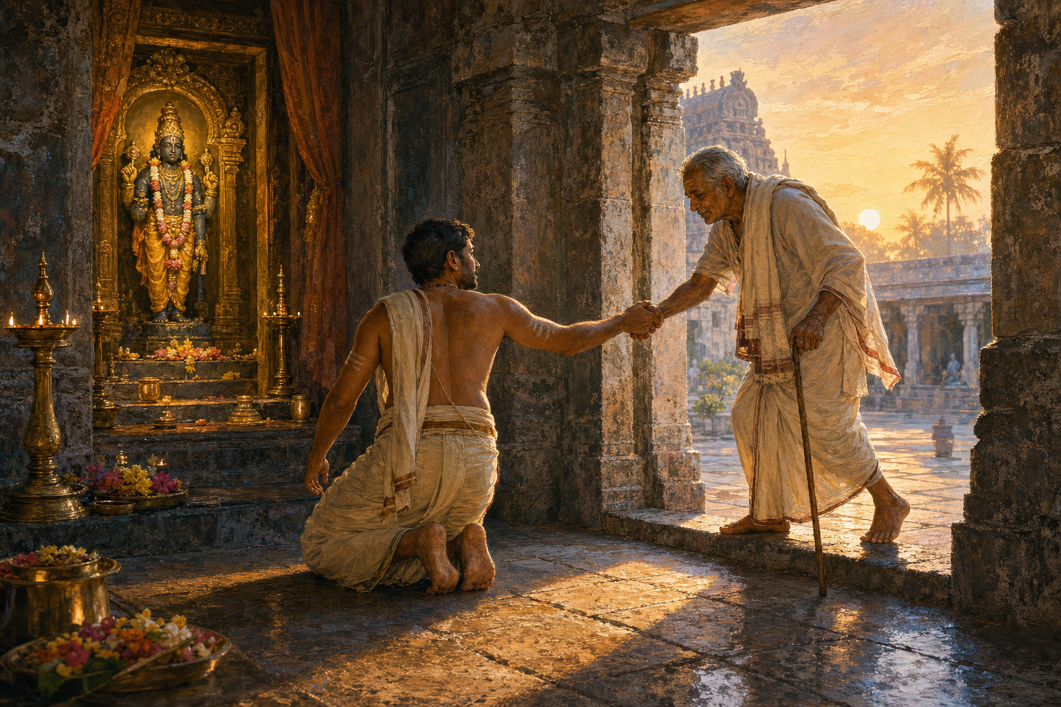 A devotee rises from prostration before a temple sanctuary and helps an elderly pilgrim across the stone threshold.
