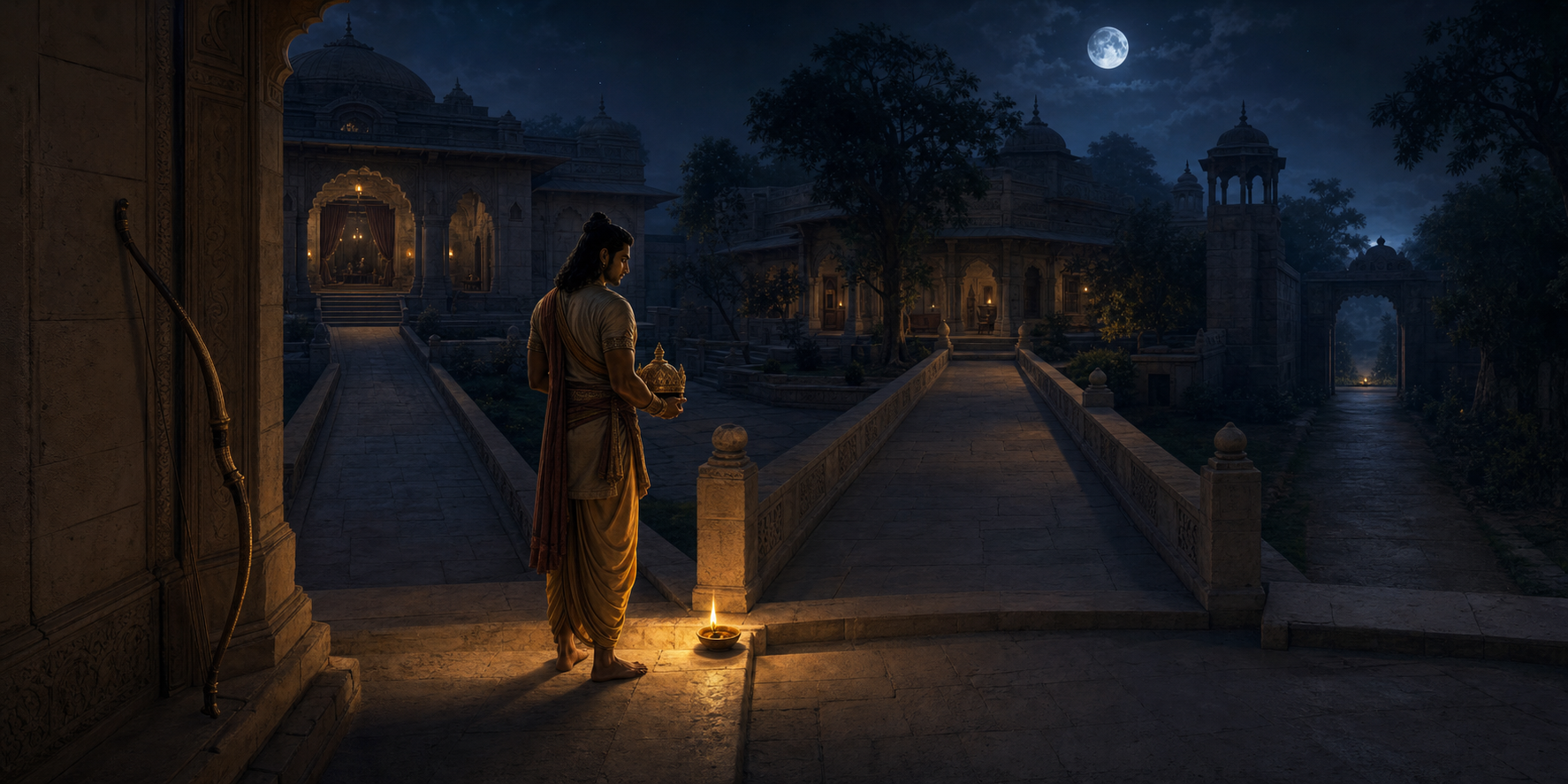 Rama pauses with his crown at an illuminated palace threshold where three bounded paths lead toward a royal hall, a domestic courtyard, and a forest gate.
