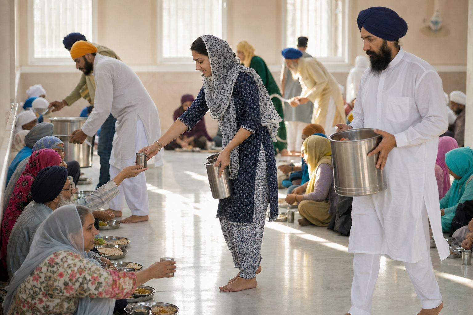 Volunteers with covered heads serve food and water to a diverse group seated in rows inside a bright gurdwara langar hall.