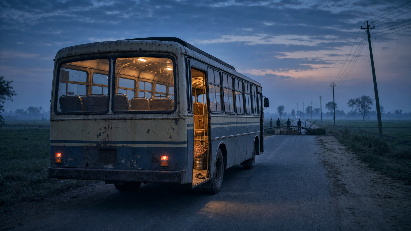 An empty late-1980s public bus stands with its door open on a rural Punjab road as distant armed figures guard a road obstruction.