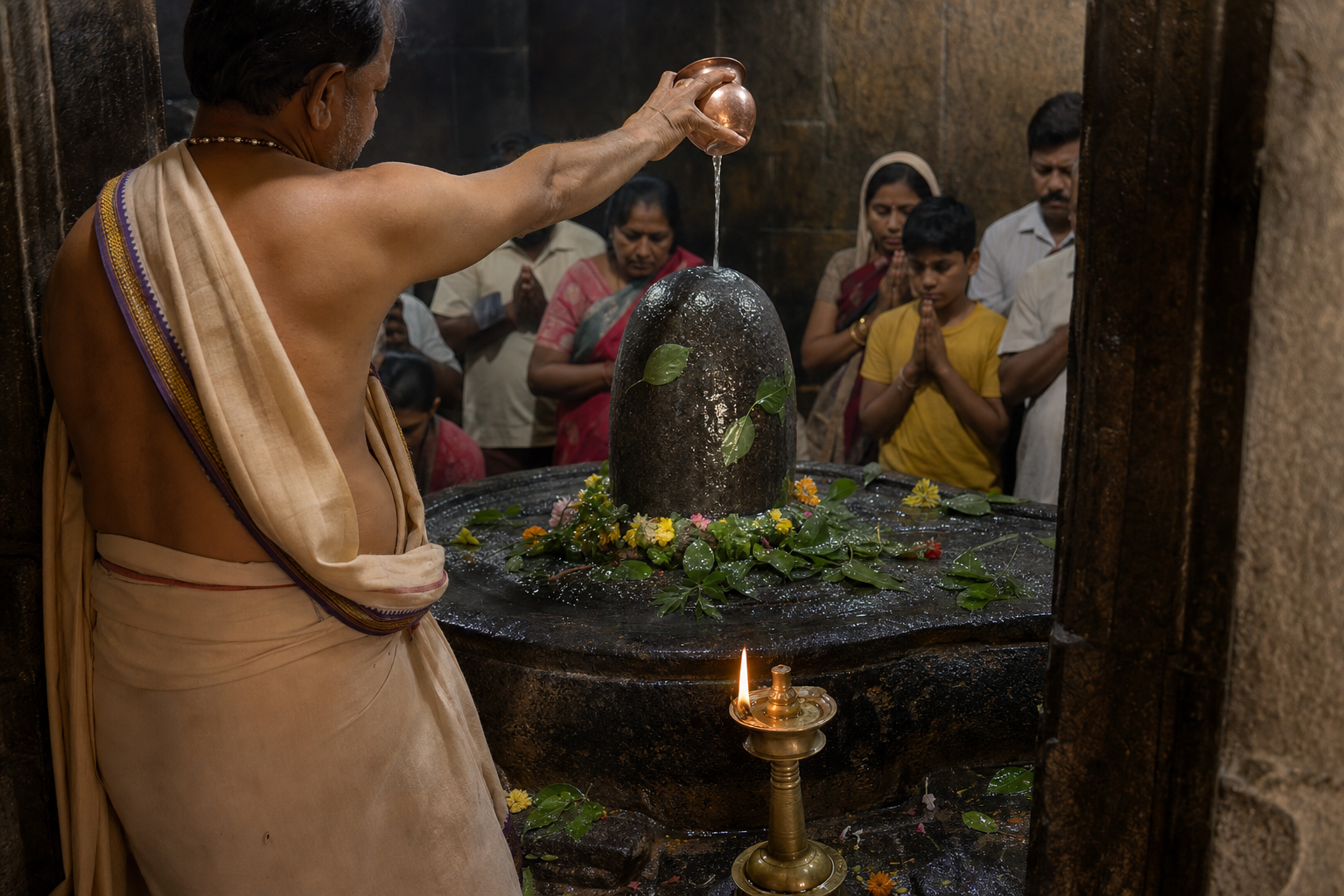 A priest pours water over the Shivling during abhisheka as worshippers wait quietly inside the temple.
