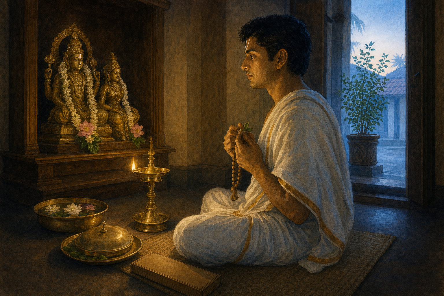 A devotee practices japa before a small home shrine at dawn, with a lamp, flowers, water, food offering, and tulasi plant nearby.