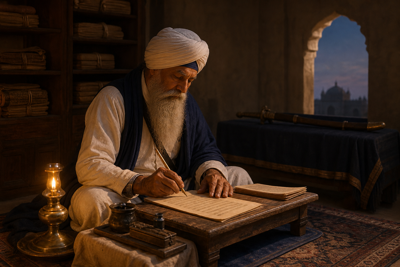 An elderly Sikh scholar in historical Punjabi clothing works at a low manuscript desk while a sheathed sword rests on a stand in the shadowed background.