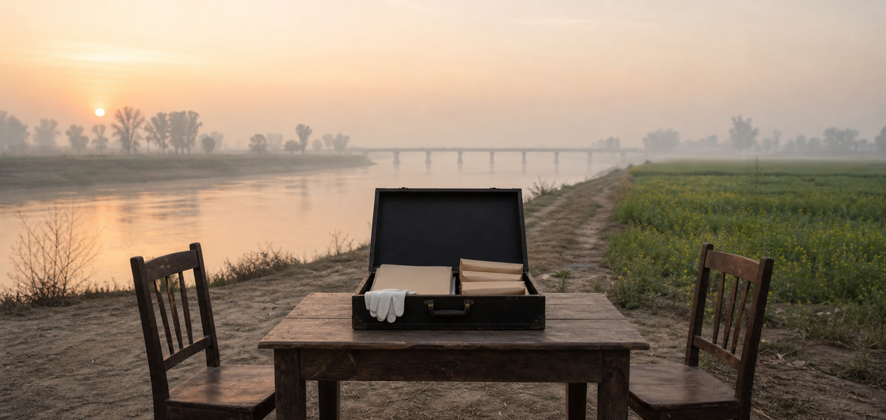 An open archival case and two empty chairs beside the misty Satluj River at dawn.