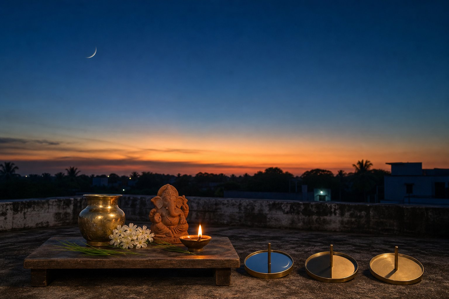 A thin crescent moon above a sunset terrace with a brass water vessel, lit diya, flowers, durva grass, and a small Ganesha murti.