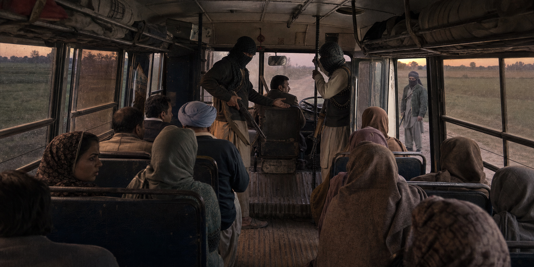 Masked gunmen control the entrance of a late-1980s intercity bus while frightened passengers remain inside.