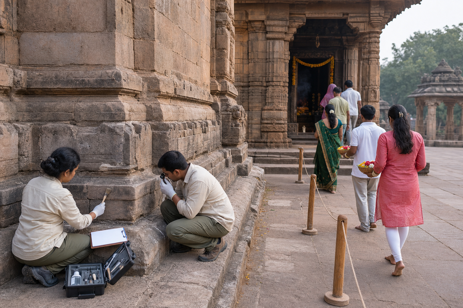 Conservators inspect weathered sandstone beside a protected route used by worshippers entering Matangeshwar Temple.