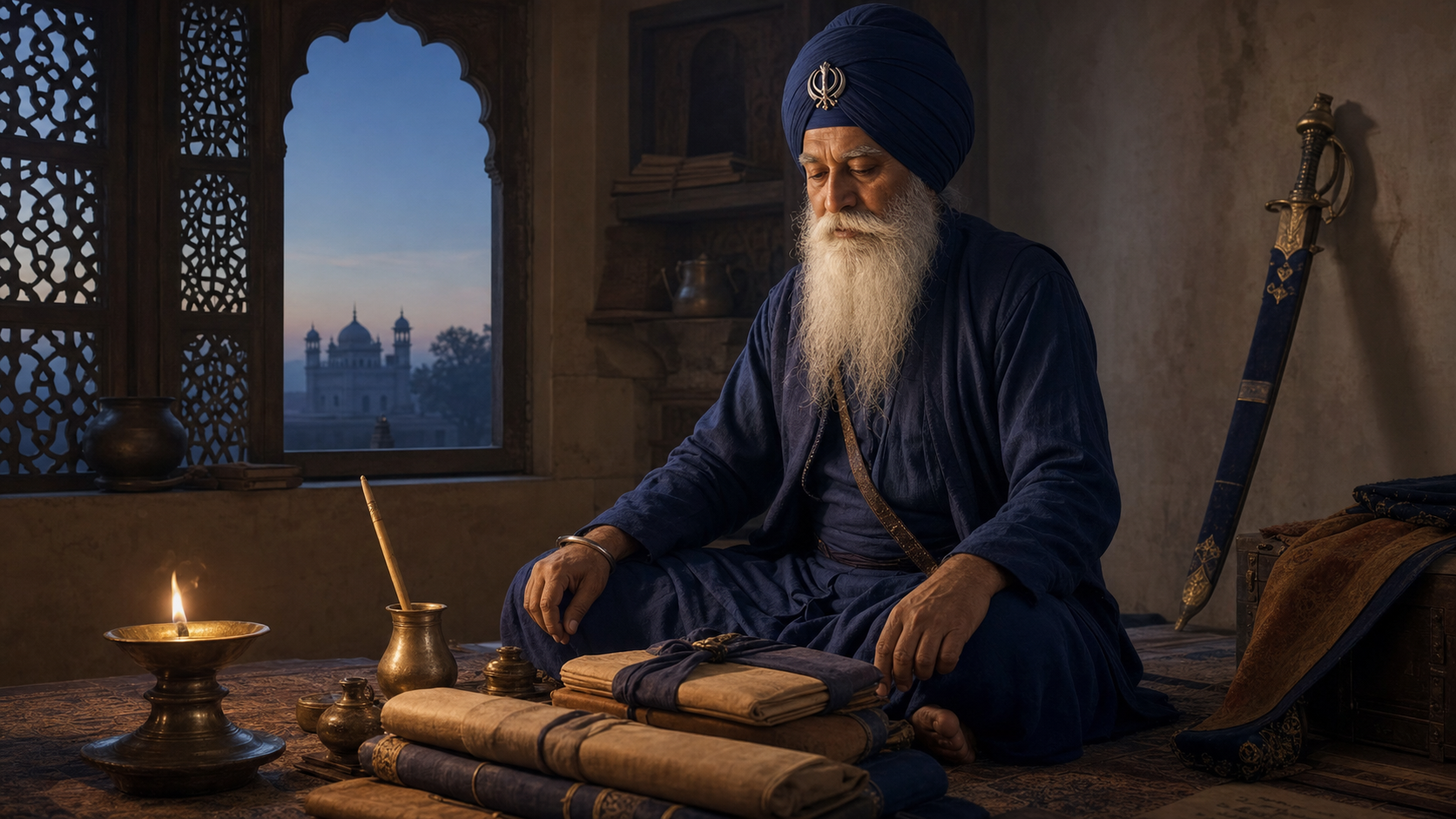 Baba Deep Singh sits in a lamp-lit study beside wrapped manuscript folios, with a sheathed sword resting against the wall behind him.