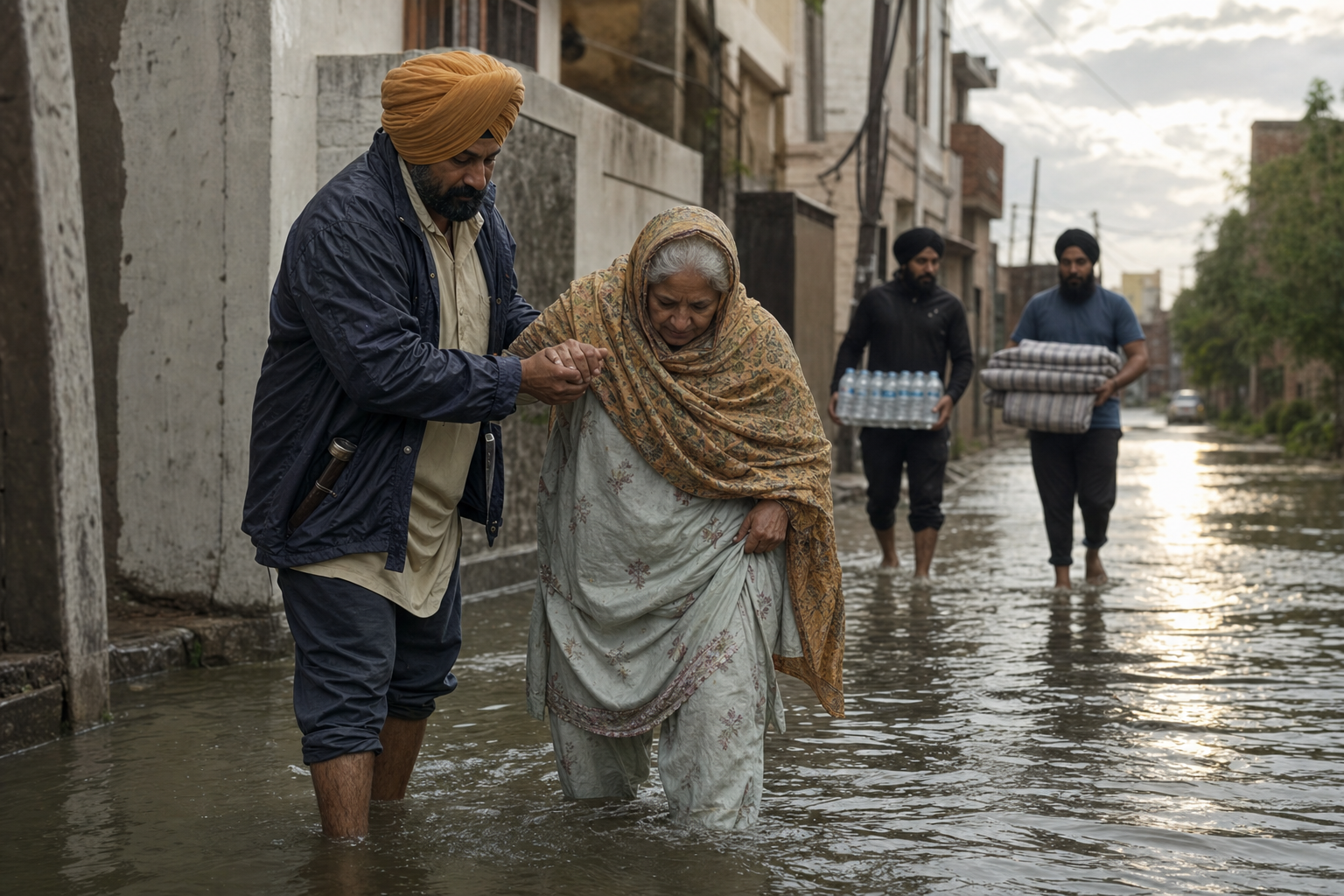 A turbaned Sikh helps an older person cross a rain-flooded street while community volunteers carry water and blankets toward nearby homes.