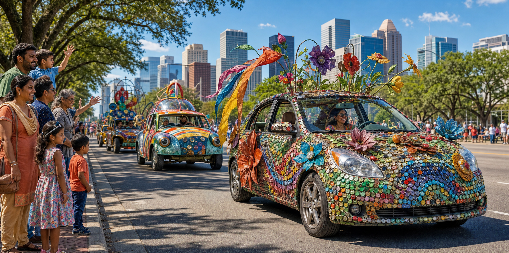 Colorful handmade art cars travel along a downtown boulevard as diverse families and neighbors watch from the curb.