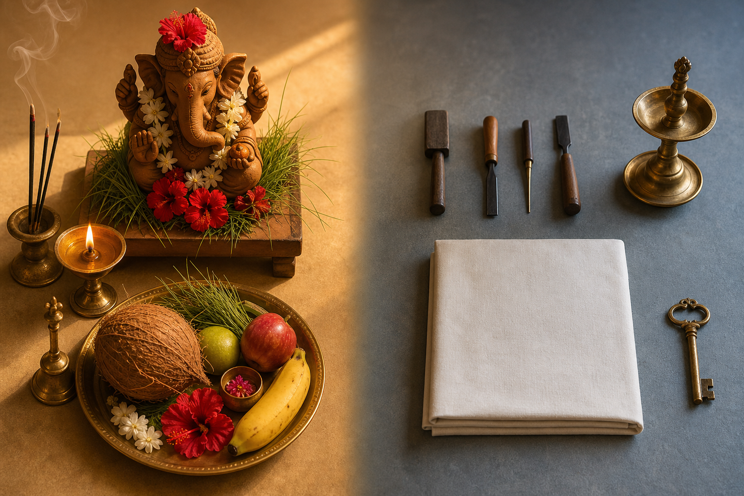 A divided still life shows Ganesha worship items on one side and unopened work materials on the other, separated by changing afternoon light.
