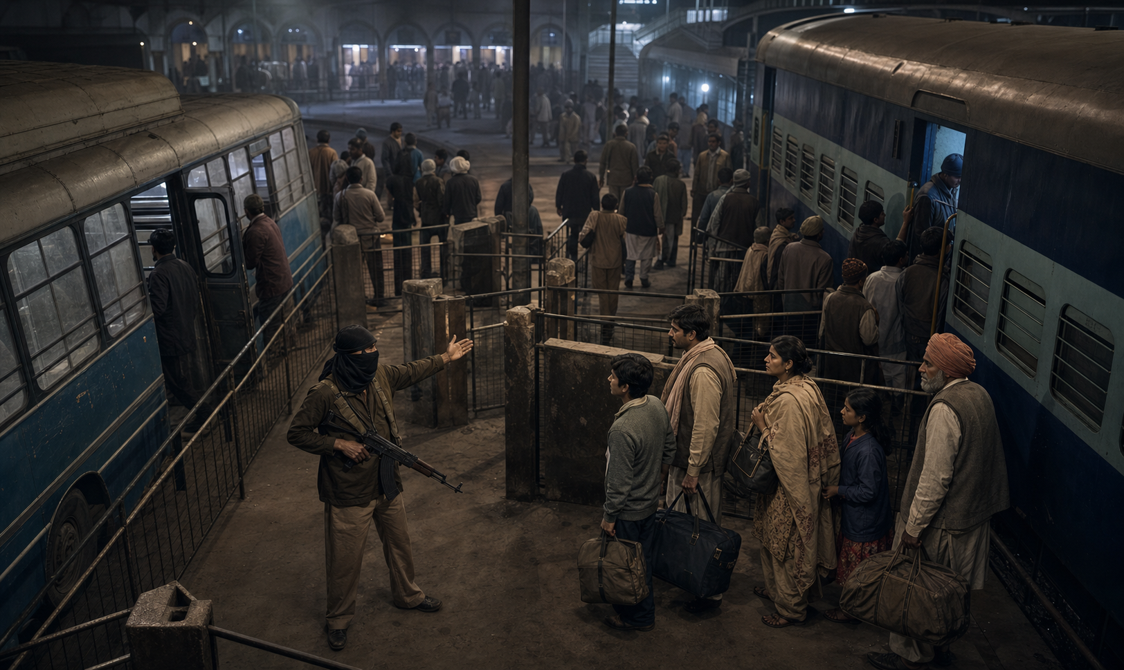 A bus terminal and railway platform funnel passengers through narrow passages controlled by an armed masked man.