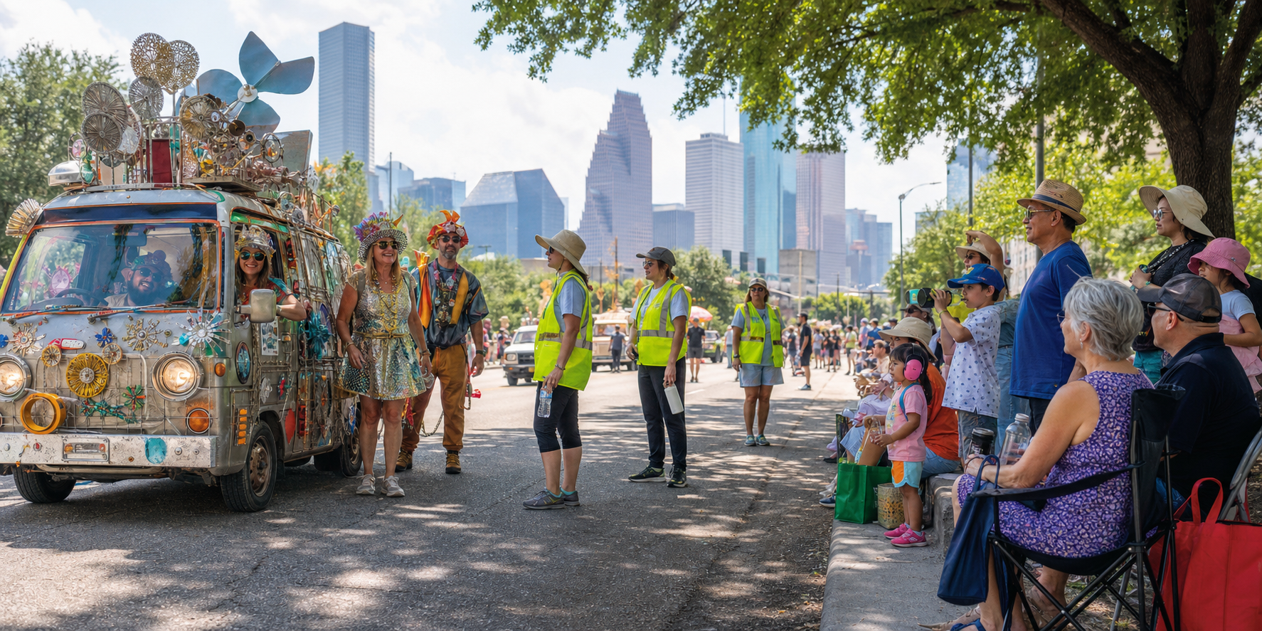 Art car participants, safety volunteers, and a family of spectators occupy different areas beside a Houston parade route.