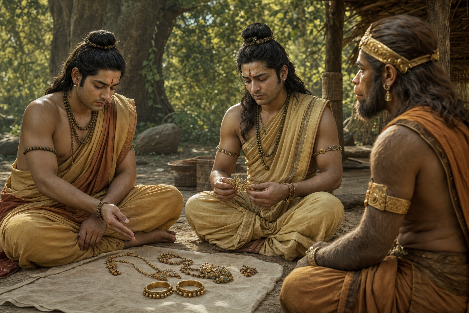 Lakshmana indicates a pair of anklets among recovered ornaments as Rama and Sugriva sit with him in the forest.