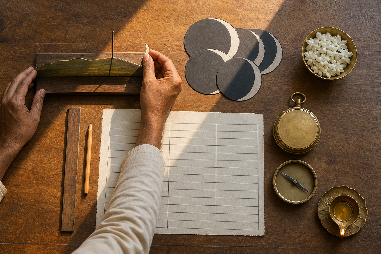 Hands organize crescent, lunar-phase, compass, and timekeeping tools beside a blank three-column worksheet on a wooden table.