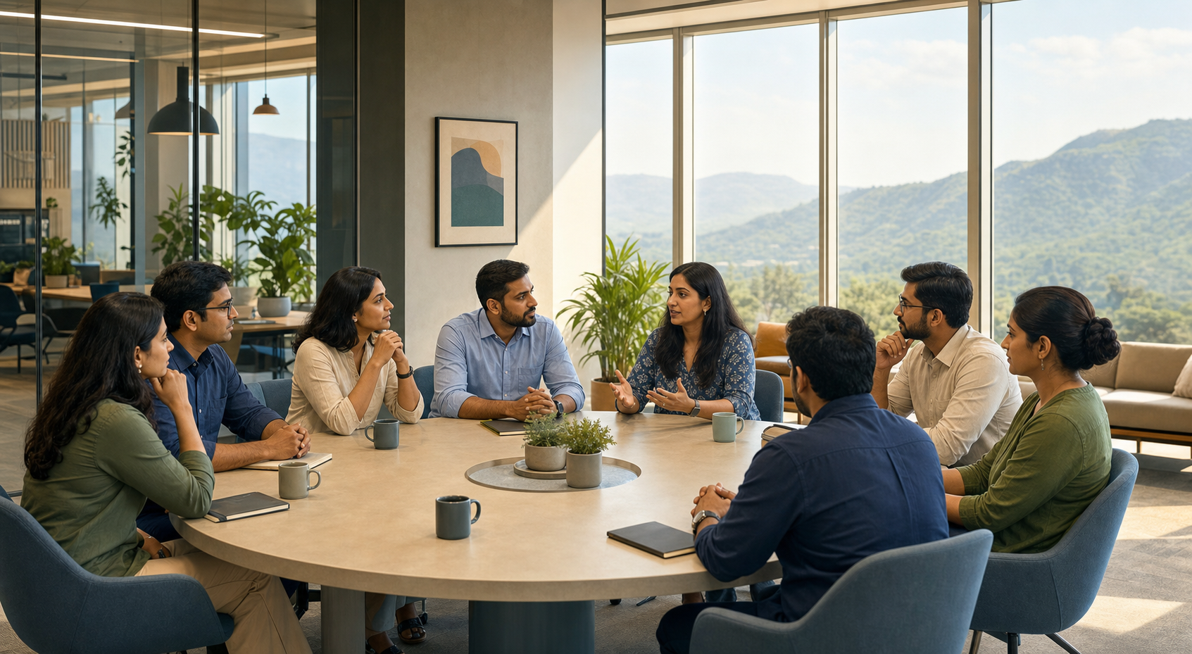 Women and men hold a respectful discussion around a circular table in a modern Indian office with green hills visible in the distance.