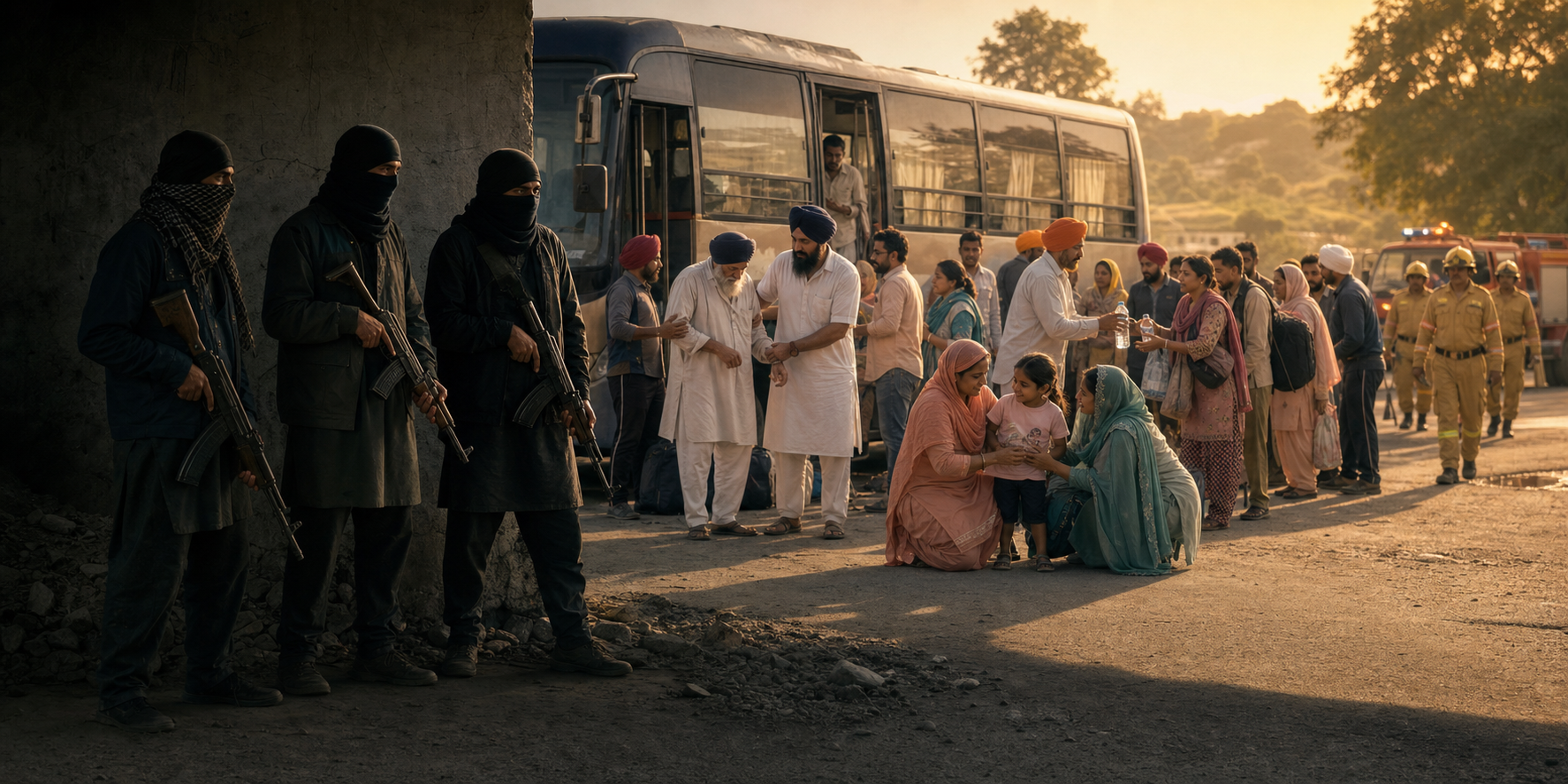 Masked gunmen stand isolated in shadow while Sikh and Hindu civilians help one another beside a stopped bus.
