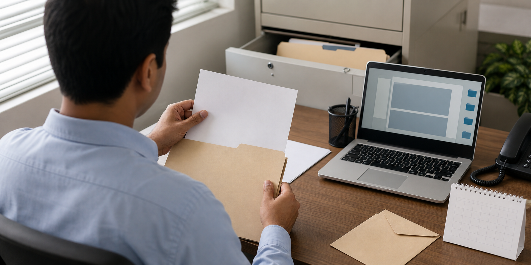 An office employee organizes blank documents and saves digital files at a desk to preserve a factual record.