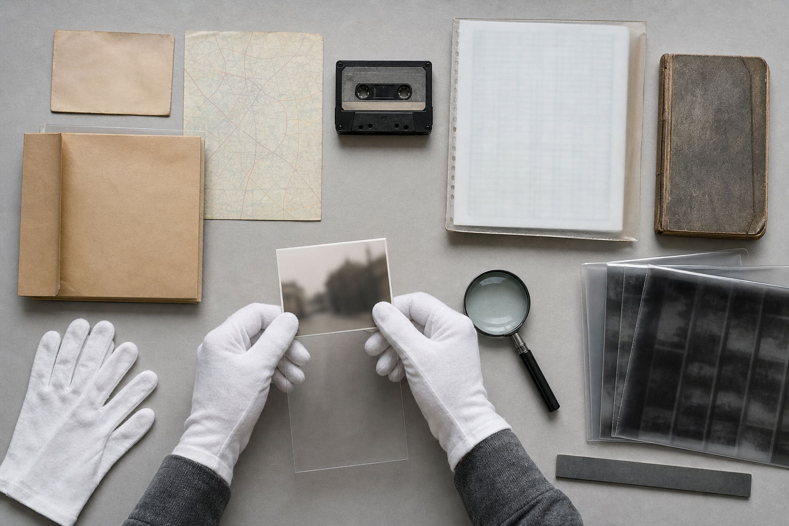 Gloved hands preserve transport records, photographs, a cassette, and other archival evidence on a conservation table.