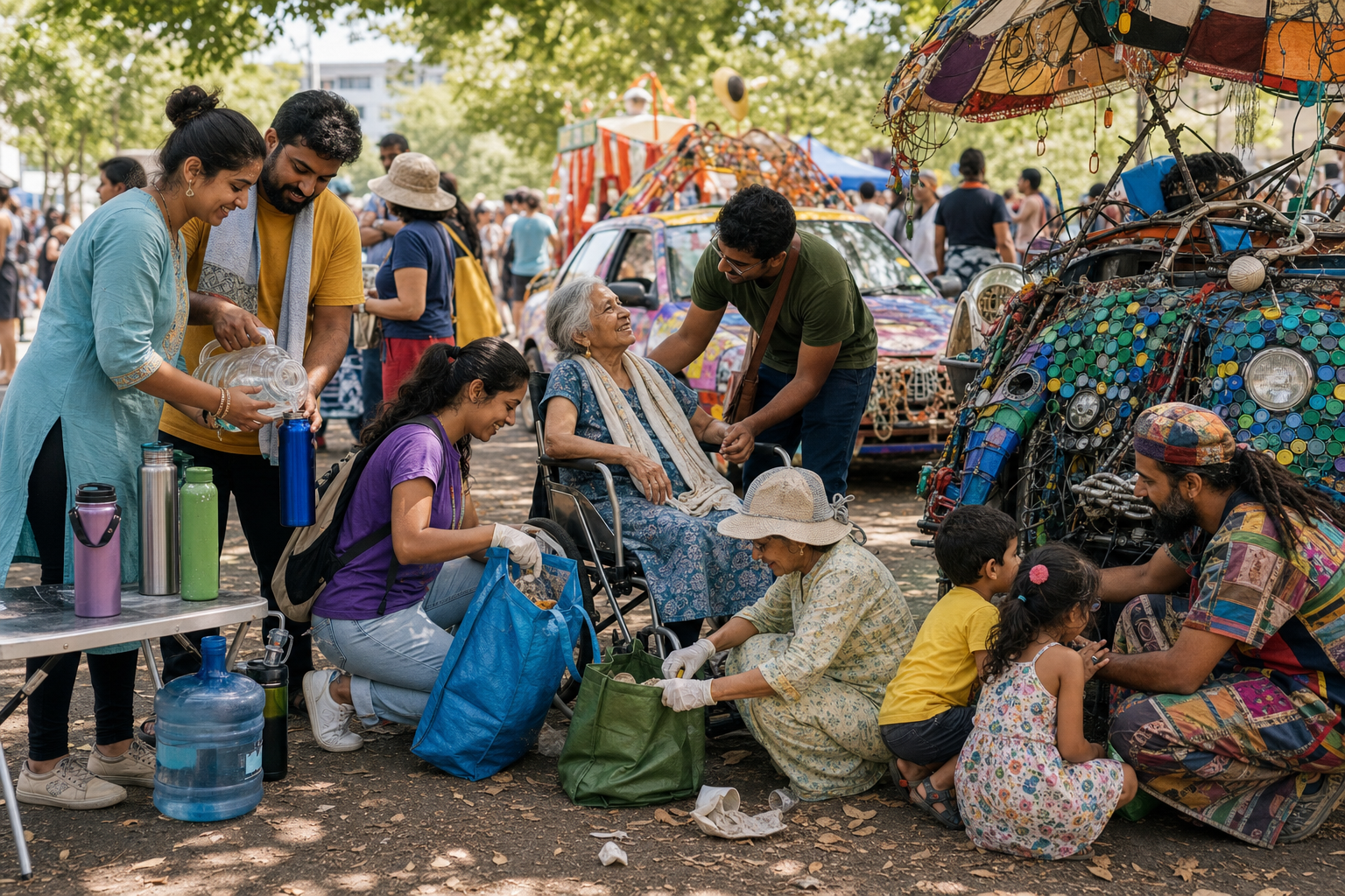 Community members offer water, assist an older spectator, collect litter, and show children recycled art beside a parade route.