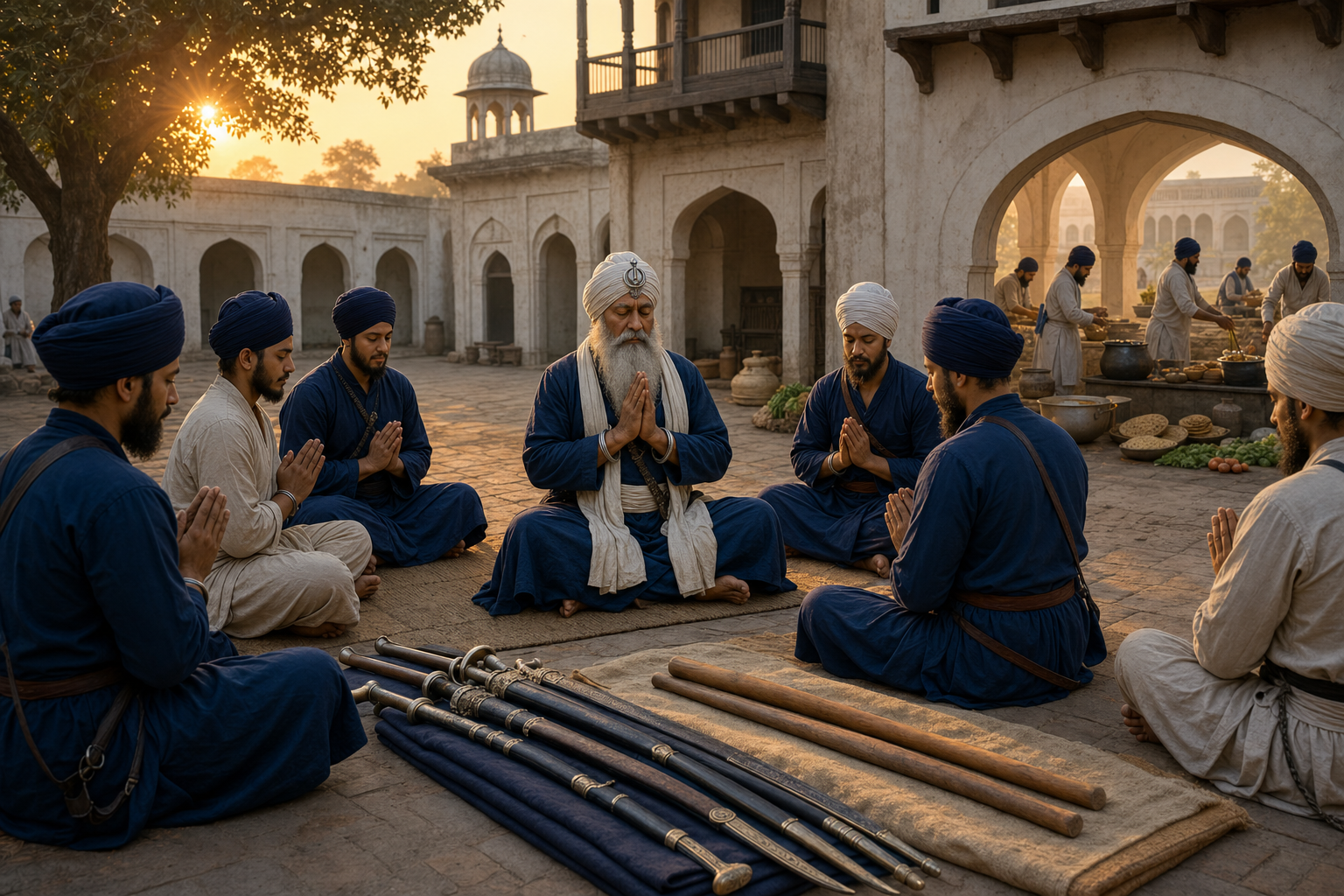 Baba Deep Singh leads Sikh trainees in quiet prayer while sheathed swords and practice staffs remain on a mat beside them.