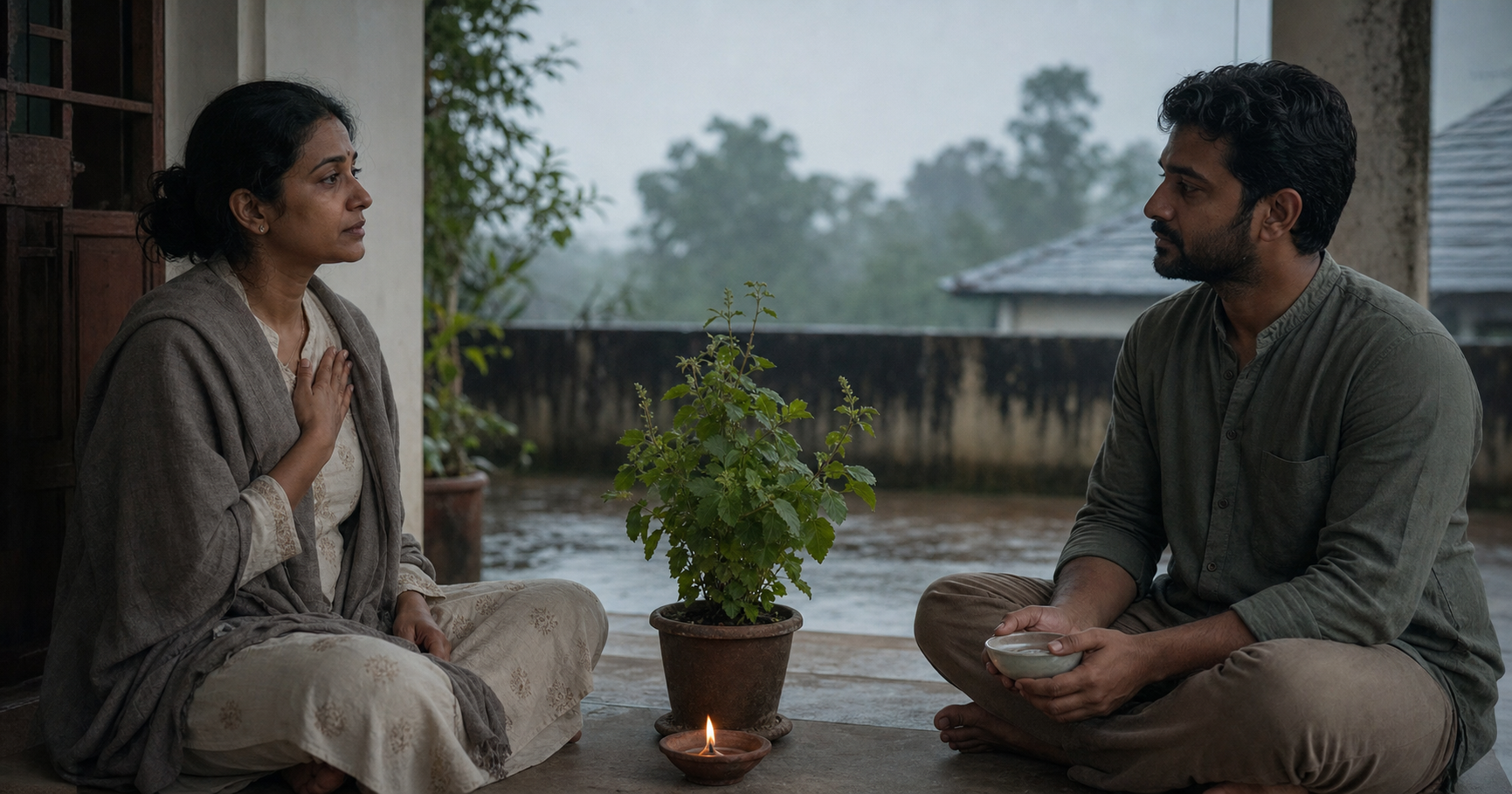 Two adults sit quietly on a home veranda at dawn with a clay lamp and tulsi plant between them.