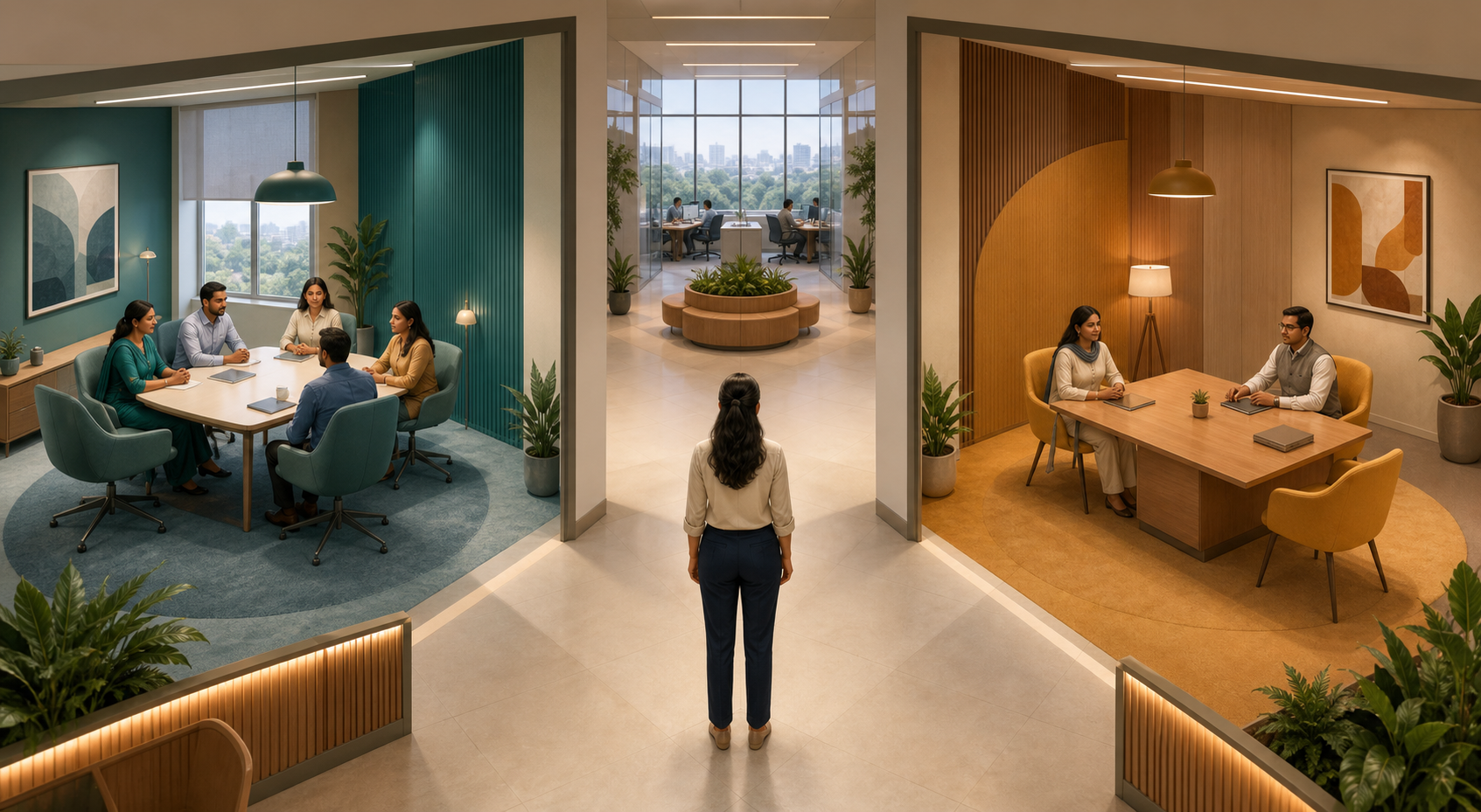 An employee stands between two separate office pathways leading to a confidential committee and a workplace conduct team.