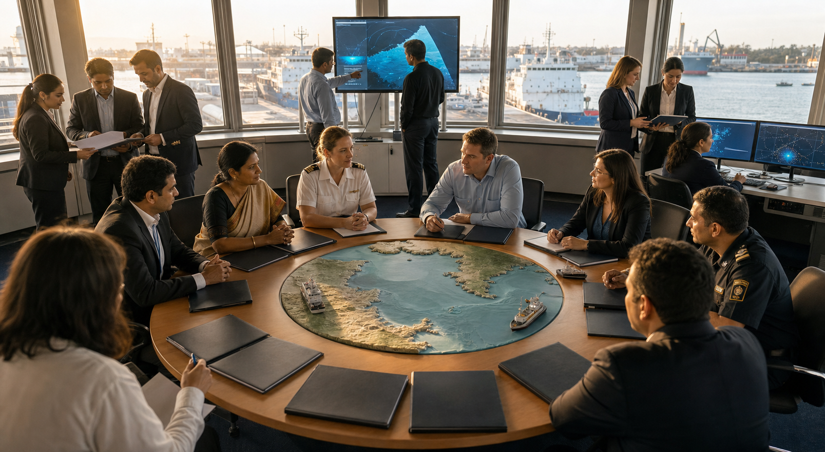 Officials, maritime planners, researchers and business representatives work together around a table in a harbor coordination room.