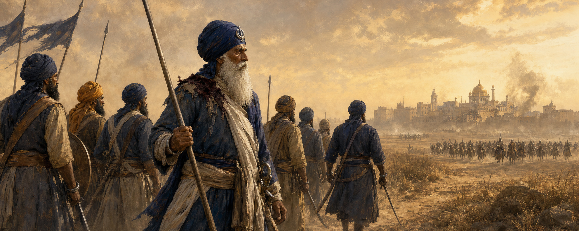 A wounded Baba Deep Singh stands with Sikh companions on a dusty plain, facing distant mounted forces with a damaged sacred precinct on the horizon.