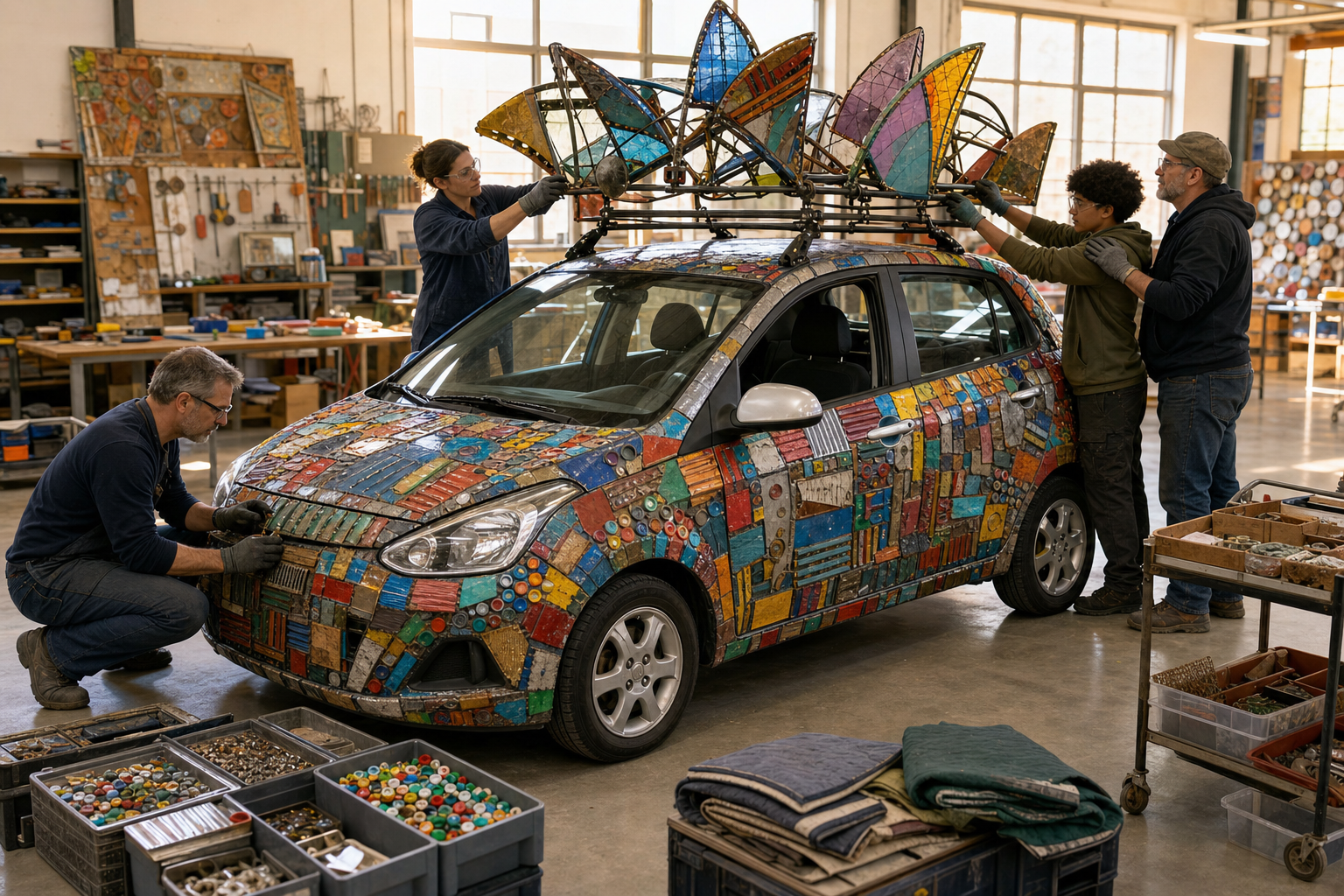 A team secures lightweight recycled decorations to a hatchback while keeping its windows, lights, mirrors, doors, and wheels clear.